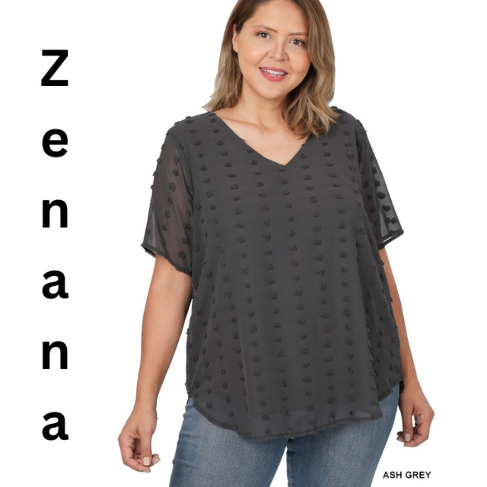 Zenana PLUS SWISS DOT SHORT SLEEVE V-NECK ROUND HEM TOP